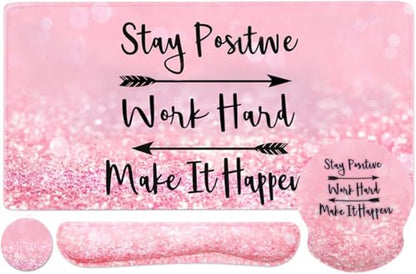 4-in-1 Gaming Mouse Pad Wrist Support Set，Desk Pad + Mouse Pad with Wrist Rest + Keyboard Wrist Rest + Coaster, Ergonomic Design for Home Office Study Game - Pink Stay Positive - color: 4 Pcs Pink Stay Positive