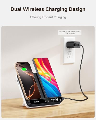 Dual Phone Foldable Wireless Charging Station for iPhone, Galaxy, Pixel | Dual phone charging, Foldable portable stand, Dimmable clock, Case friendly, Raised charging area, flat mode for earbuds, 504 - color: Black