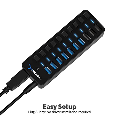 SABRENT 10-Port Powered USB 3.0 Hub, 3 Charging Ports, 60W (HB-B7C3) | Individual power switches & LEDs; for PC, Mac, Xbox, PS5, laptop, desktop - size: 10-Port - 7 USB 3.0 + 3 Charging