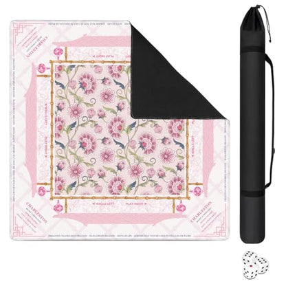 Mahjong Mat for Table with Carrying Bag & 3 Dice, Beige Pink Floral 31.5"x31.5" Square Rubber Mahjong Table Cover, Non-Slip & Noise Reduction Gaming Mat for Mah Jongg, Poker, Dominoes & Tile Games - color: Beige Pink