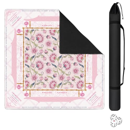 Mahjong Mat for Table with Carrying Bag & 3 Dice, Beige Pink Floral 31.5"x31.5" Square Rubber Mahjong Table Cover, Non-Slip & Noise Reduction Gaming Mat for Mah Jongg, Poker, Dominoes & Tile Games - color: Beige Pink