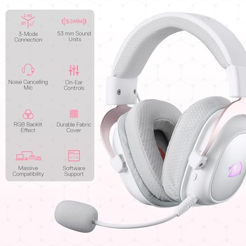 Redragon H510 PRO 3-Mode RGB Gaming Headset - 7.1 Surround Sound - 53MM Audio Drivers in Memory Foam Ear Pads w/Durable Fabric Cover- Multi Platforms Headphone - USB Powered for PC/PS4/NS - color: White Wireless H510 PRO