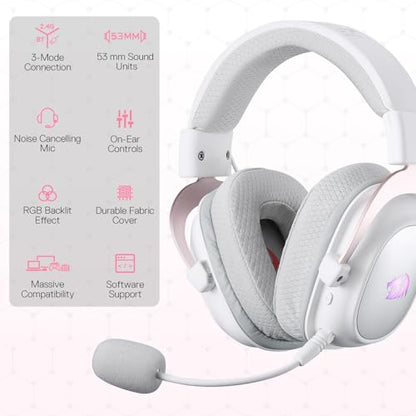 Redragon H510 PRO 3-Mode RGB Gaming Headset - 7.1 Surround Sound - 53MM Audio Drivers in Memory Foam Ear Pads w/Durable Fabric Cover- Multi Platforms Headphone - USB Powered for PC/PS4/NS - color: White Wireless H510 PRO