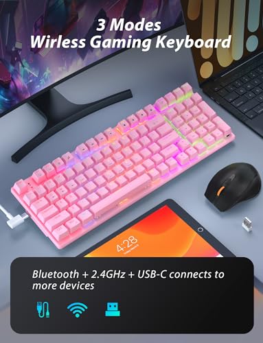 Wireless Mechanical Keyboard and Mouse Combo, 98-Key Gaming Keyboard with RGB Backlit, Tri-Mode BT5.0/2.4G/USB-C, 4000mAh Battery, 3200 DPI Gaming Mouse with Mouse Pad for PC, Laptop (Pink -Light) - color: Pink -light