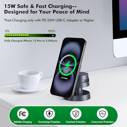 3-in-1 Wireless Charging Station,15W Fast Charging Foldable Magnetic Stand Wireless Charger with Night Light Compatible with iPhone 17,16/15/14/13/12 Pro Max,Airpods,Apple Watch