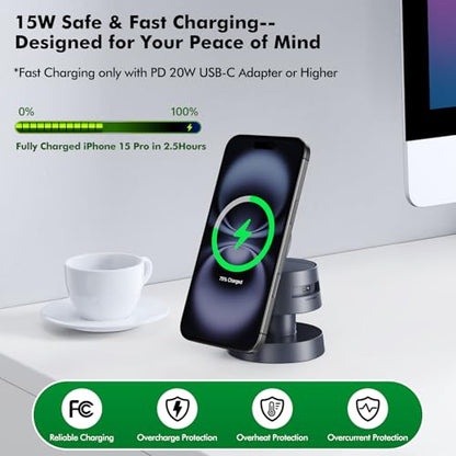 3-in-1 Wireless Charging Station,15W Fast Charging Foldable Magnetic Stand Wireless Charger with Night Light Compatible with iPhone 17,16/15/14/13/12 Pro Max,Airpods,Apple Watch