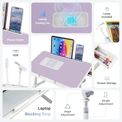 Adjustable Laptop Lap Desk with Cooling Fan USB Light for Adults 56x32cm,Purple - color: Purple+holder,56x32cm