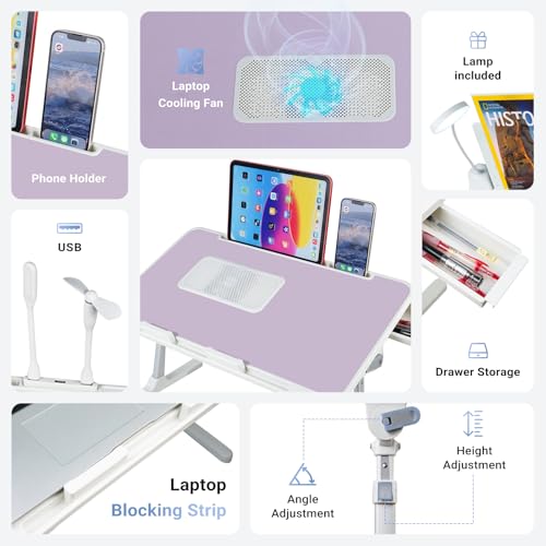 Adjustable Laptop Lap Desk with Cooling Fan USB Light for Adults 60x40cm,Purple - color: Purple+holder,60x40cm
