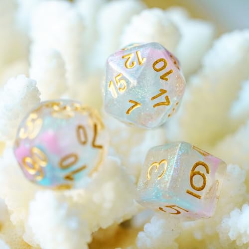 UDIXI Glitter DND Dice Set, Galaxy D&D Polyhedral Dice Set Iridecent Swirls | Pink & Cyan Colors, Gold Number, Velvet Dice Bag Packaging, for Dungeons and Dragons Role Playing Games and Tabletop Games - color: Pink Cyan