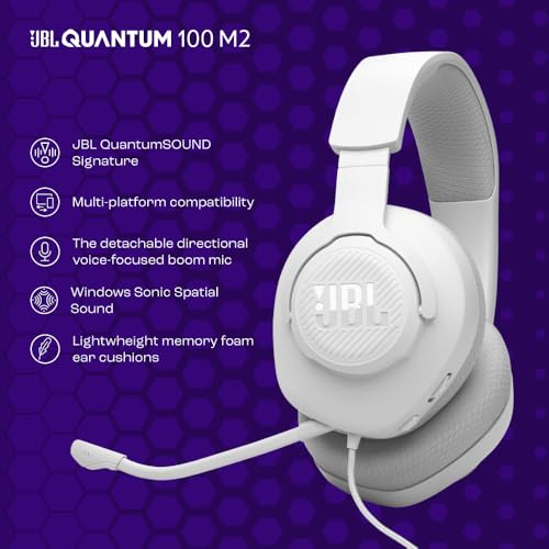 JBL Quantum 100M2 Wired Gaming Headset, Detachable Mic - White | Memory Foam Ear Cushions And 3.5 Mm Jack Work With PC, PlayStation, Xbox, Nintendo Switch For Immersive PC Gaming Sessions - color: White