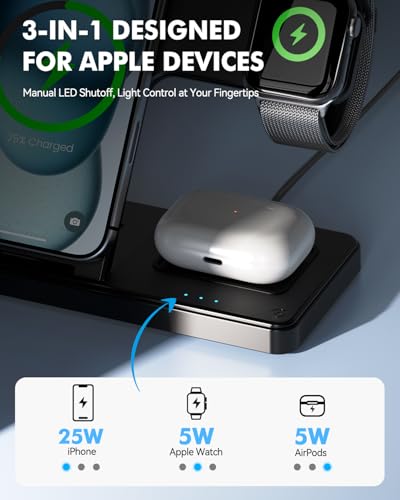 25W MagSafe Charging Station, 3-in-1 Magnetic Wireless Charger Stand | Foldable Phone and Watch Charger for Apple Multiple Devices-iPhone Air 17 16 15 14 13 12 Pro Max, Watch and AirPods-Black