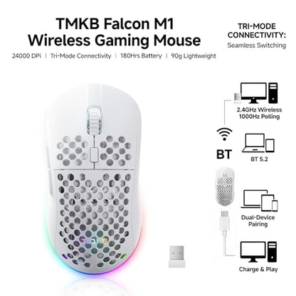 TMKB Wireless White Gaming Mouse, 24000 DPI, 180-Hour Battery | Optical Sensor, 90g Ergonomic Honeycomb Design, 6 Programmable Buttons, RGB Strip, 2.4GHz, BT5.2 and USB-C Wired Connectivity - color: White, size: Wireless