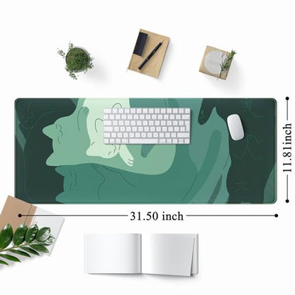 Cute Green Cat Desk Mat Extended Mouse Pad Large Gaming Mousepad XL Long Desk Pad Minimalist Laptop Keyboard Pad Deskmat Deskpad Desktop Mouse Mat Big 31.5"x11.8" with Stitched Edges - color: Green Cat