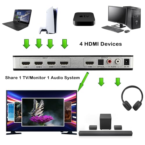 KAGO 4x1 HDMI Switch with Audio Extractor & eARC, 4K@60Hz HDR10, 4 in 1 Out HDMI Switcher with Optical Toslink, RCA L/R & HDMI Audio Out, Supports Dolby Atmos DTS:X, HDCP 2.2 for PS5, Xbox, Apple TV - size: audio 4 ports
