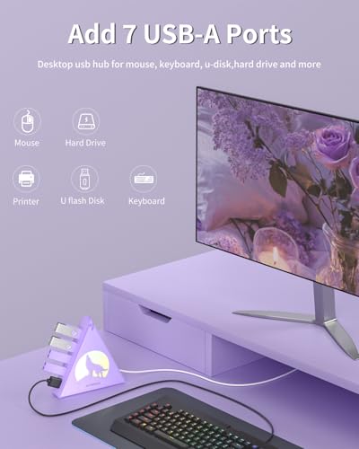 USB 3.0 Hub 7 Port, Vertical USB Splitter with RGB Lighting, 5Gbps High-Speed Data Transfer, 2FT Extension Cable, Tower USB Hub for PC, Laptop, MacBook, PS5, Xbox, Flash Drive, Printer (Light Purple) - color: Light purple
