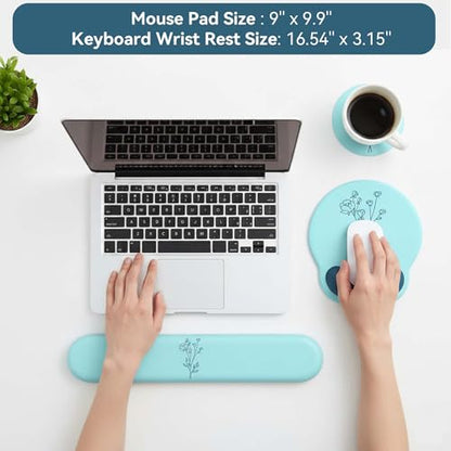 Mouse Pad with Keyboard Wrist Rest,Ergonomic Mouse Pad Wrist Support PU Base with Coaster,Mousepad with Nonslip Base for Computer Laptop Keyboard Home&Office - color: L-Teal Plants