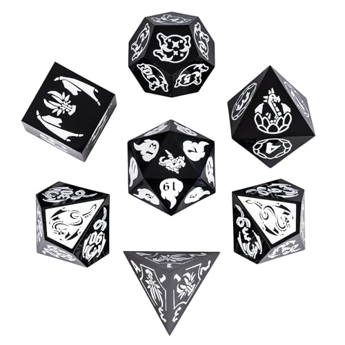 Cusdie 7-Piece Sharp Edges DND Dice Set with Dragon Pattern - Perfect for Tabletop RPGs Board Games Gifting and Collecting(Black with White Number) - color: Dragon Pattern B/W