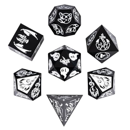 Cusdie 7-Piece Sharp Edges DND Dice Set with Dragon Pattern - Perfect for Tabletop RPGs Board Games Gifting and Collecting(Black with White Number) - color: Dragon Pattern B/W