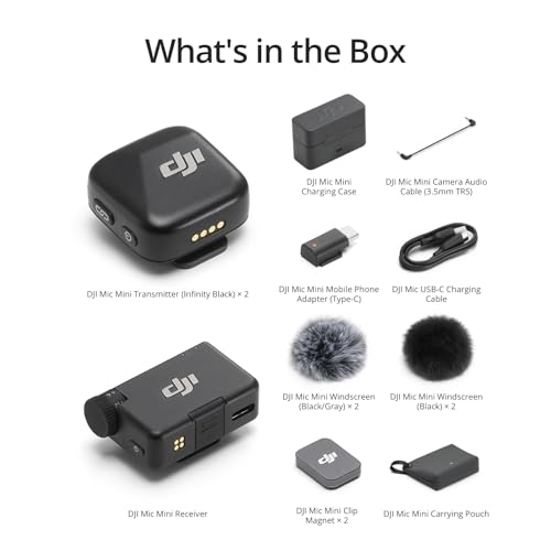 DJI Mic Mini (2 TX + 1 RX + Charging Case), Wireless Lavalier Microphone for iPhone/Camera/Android, Ultralight, Detail-Rich Audio, 48h Use, Noise Cancelling, Automatic Limiting, Vlog, Streaming | 48h Use, Noise Cancelling, Automatic Limiting, Wireless Mic