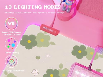 JMIYAV Pink RGB Gaming Mouse Pad 31.5x12 Inch PC XL Large Extended Glowing Led Light Up Desk Pad Non-Slip Rubber Base Computer Cute Mousepad Mat Desk Accessories Gaming Setup Bloom Flower - color: Bloom Flower