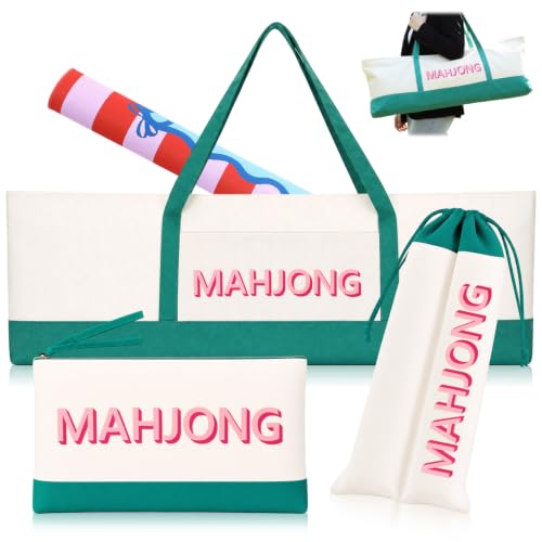 3 Pcs Extra Long Mahjong Bag Set 37 Inch Canvas Carry Tote Bag for Full Set Drawstring Rack Pusher Storage Sleeve Zippered Tile Pouch for Tiles Rack Mat Accessories(Green,Classic) - color: Green