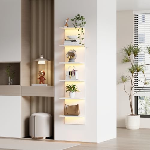 Qupui 6-Tier Wall Shelf with RGB LED, 57" Floating Storage, White | RGB 16 Million Colors, 22 Modes, 6 Brightness. Waterproof Particleboard. Each Tier Holds 10 Lbs. Wall-mounted. For Bedroom - color: White