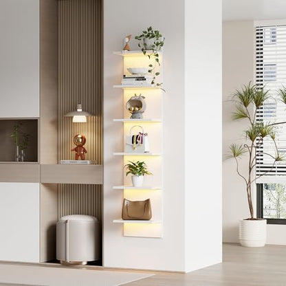 Qupui 6-Tier Wall Shelf with RGB LED, 57" Floating Storage, White | RGB 16 Million Colors, 22 Modes, 6 Brightness. Waterproof Particleboard. Each Tier Holds 10 Lbs. Wall-mounted. For Bedroom - color: White