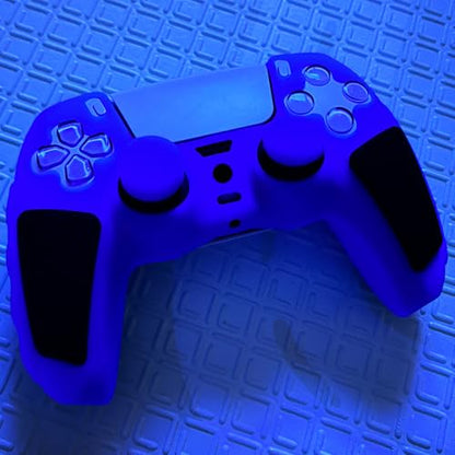 Blue Glow in the Dark Silicone Protective Case for PS5 Controller, Anti-Slip Thick Soft Cover, Includes 8-in-1 Thumb Grip Caps + 2 Cat Paw Caps – Ergonomic Shockproof - color: Glow Blue Black