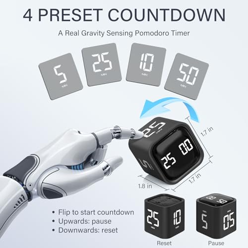 Rotating Pomodoro Timer 5/25/10/50, Desk Productivity Flip Timer, ADHD Tool | Countdown/Stopwatch Cube Timer, Vibration/High/Low Volume/Custom Modes, for Work Study, Back to School, Kitchen - color: Black