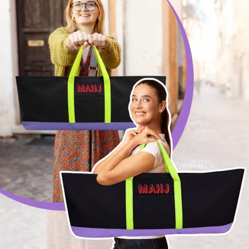 Mahjong Bag for Tiles and Racks Empty American Mahjong Tiles Carrying Tote 31.5 x 12 x 4 Inch Canvas Tile Game Accessory Gift for Pusher Rack Mat Carrying, Case Only (Yellow and Black) - color: Yellow and Black
