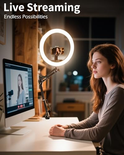 UBeesize 12’’ Ring Light with Overhead Phone Mount, LED Selfie Light with Stand and Phone Holder for iPhone and Laptop, Desk Light for Video Recording, Zoom Meeting, Live Streaming, Tiktok, YouTube - style: Desk Ring Light