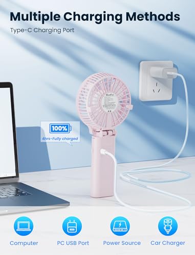HandFan 5200mAh Handheld Fan Rechargeable, 20H Runtime Hand Fan, 3 Speeds Strong Airflow, Personal 180° Foldable Portable Fans for Travel/Summer/Concerts/Lash/Commute, Gifts for Women (Cherry Pink) - color: Cherry Pink