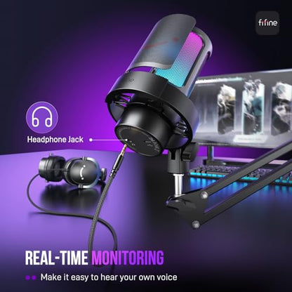 FIFINE AmpliGame A8T USB Gaming Microphone, PC Condenser Mic with Boom Arm | Quick Mute, Gain Knob, RGB Control, Headphone Jack, for PC/PS5 Streaming Discord Twitch Recording Podcasts YouTube, Metal - size: A8T-Boom Arm