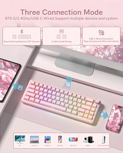 womier L65 60% Pink Mechanical Keyboard with Knob,4000mAh,Tri Mode USB-C/BT5.0/2.4G,RGB Backlit,Hot Swap,Crystal Jelly keycaps,Linear Switch,Gasket Mounted Wireless Gaming Keyboard for PC/Mac - color: Pink Jelly