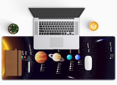 Black Large Gaming Mouse Pad with Stitched Edges, Desk Pad Extended Keyboard Mat, Non-Slip Rubber Base Mousepads for Laptop, Office, Home, 31.5X11.8 inch Solar System with Scientific Information - color: Solar System With Scientific Information