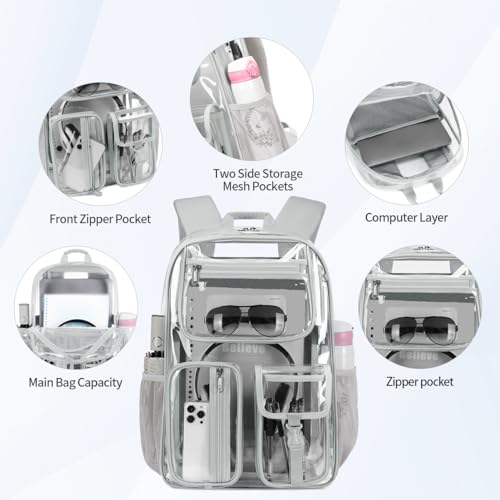 Cusangel Heavy Duty Clear Backpack Clear BookBag,Stadium backpack 16 x11 x5inch TPU Large Capacity See Through Backpack for Sport Events,Travel (Grey) - color: Grey