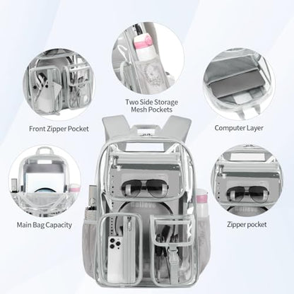 Cusangel Heavy Duty Clear Backpack Clear BookBag,Stadium backpack 16 x11 x5inch TPU Large Capacity See Through Backpack for Sport Events,Travel (Grey) - color: Grey