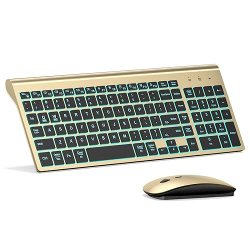 Wireless Backlit Keyboard and Mouse Ultra Slim Combo, TopMate 2.4G Silent Compact 2400DPI Mouse and Scissor Switch Keyboard Set, Batteries Included, for PC/Laptop/Windows/Mac/Gaming - BL Gold Black - color: BL Gold Black