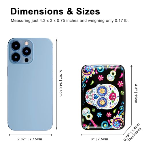 Credit Card Holder Small RFID Blocking Wallet Business Metal Slim Mini Aluminum Hard Case for Women Men - color: B Sugar Skull