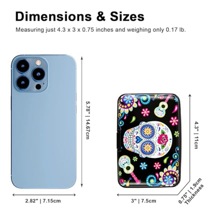 Credit Card Holder Small RFID Blocking Wallet Business Metal Slim Mini Aluminum Hard Case for Women Men - color: B Sugar Skull