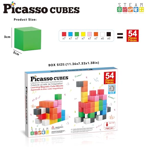PicassoTiles Magnet Cube Building Blocks 1.2" 3CM Magnetic Cubes Toy Construction Building Educational Sensory Toys with Idea Booklet for School & Preschool Kids Boys Girls Toddlers PMC301 - color: Multicolor