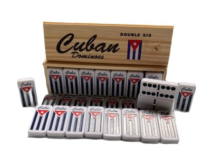 PRK 14 Cuban Double Six Dominoes Set - Classic Cubano Flag Combo Design with Wooden Box, Engraved Cuban Flag, Quality Tiles for Authentic Domino Experience
