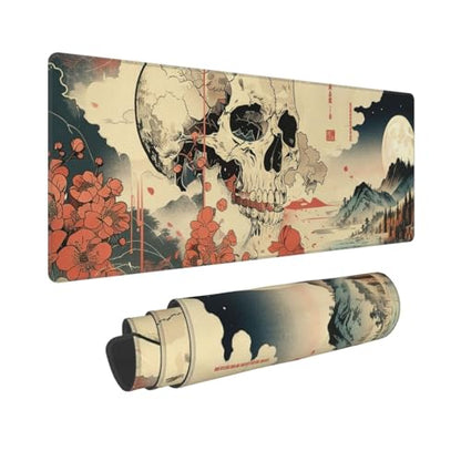 Large Gaming Mouse Pad Desk Mat, Japanese Retro Skull and Floral Extended Keyboard Mouse Pad Mousepad with Non-Slip Base and Stitched Edge Mouse Mat Desk Pad Mouse Pads for Home Office, 31.5 x 11.8 - color: Japanese Retro Skull and Floral