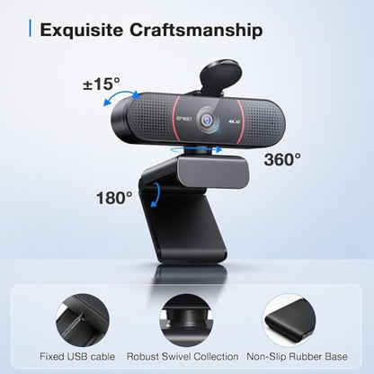 EMEET C960 4K Webcam with Tripod, 3 Adjustable Height, 360° Swivel Head | DesktopTripod w/Privacy Cover, PDAF Auto Focus, Dual Omni Mics, Auto Light Correction, Perfect for Online Meetings - style: 4K Tripod