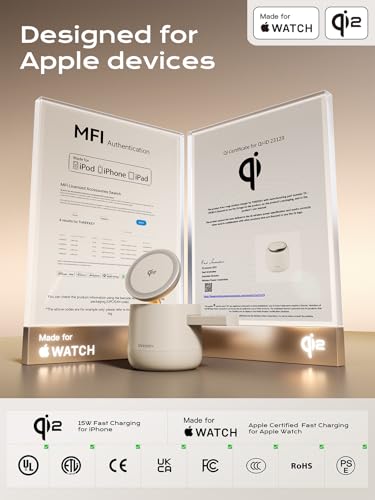 THREEKEY 4 in 1 Qi2 Magnetic Wireless Charging Station, 15W Fast Charger with Made for Apple Watch Charging Module, for iPhone 17–12 Series & AirPods, 65W Adapter Included - color: Sand