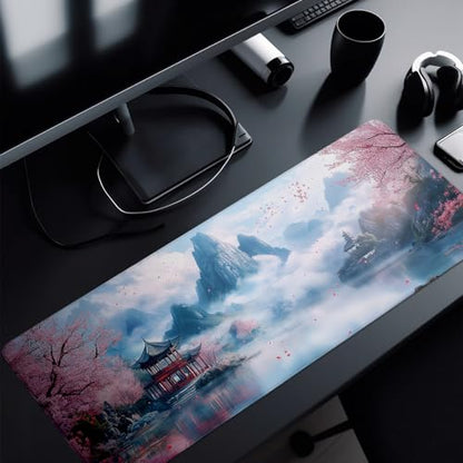 Cherry Blossom Watercolor Mouse Pad Abstract Big Mouse Pad 31.5x11.8 Inch Landscape Texture Non-Slip Rubber Base Large Mousepad Stitched Edges Keyboard Mouse Mat Desk Pad for Office and Home - color: Cherry Blossom Watercolor