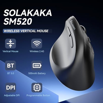 SOLAKAKA SM520 Ergonomic Wireless Mouse with 24,000 DPI, Black | BT5.0/2.4GHz/USB-C, Comfortable Vertical Design, Rechargeable Battery, Programmable Side Button, for Desktop, PC, Laptop - color: black