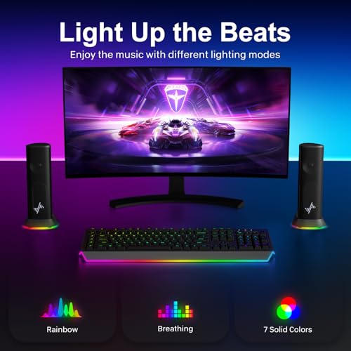 Nylavee Computer Speakers, Plug-and-Play PC Speakers for Desktop & Laptop | Immersive Sound, 9 Customizable RGB Lights, USB/USB-C Powered & 3.5mm AUX-in Speakers for Monitor & Laptop, 18-Month Warranty
