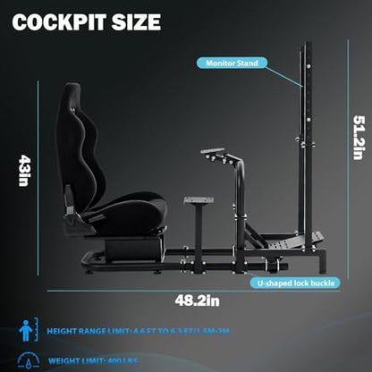 Anman Racing Simulator Cockpit Adjustable with Monitor Stand and Black Seat | Fit for Logitech G29 G920 G923, for Thrustmaster T248 T300, for Fanatec CSL DD, for Moza Wheel Shifter Pedals NOT Included