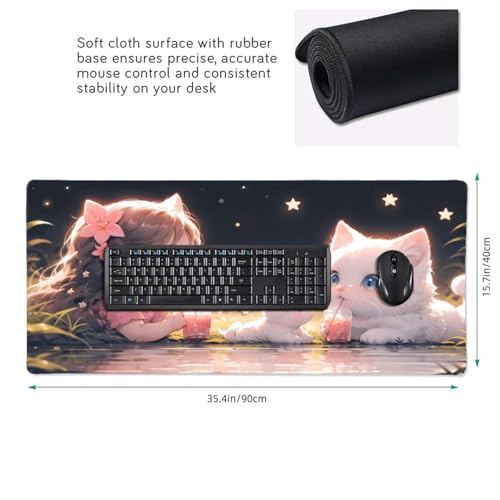 XXL Gaming Mouse Pad 35.4x15.7 inch, Kawaii Juice Cat Anime Theme Desk Mat, Pink Cute Girly Scene Large Mousepad,Fantasy Artistic Keyboard Mouse Mat (Juice Meow) - color: Juice meow